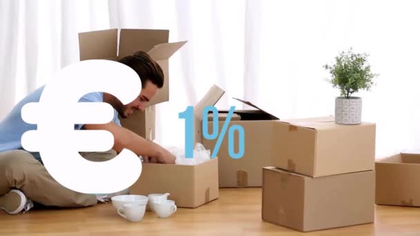Animation Euro Sign Percent Purple Caucasian Man Moving Unpacking Box — Stock Video