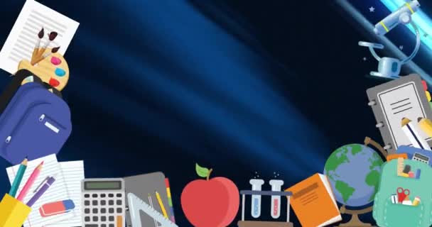 青い渦巻きの背景にスクール機器とリンゴのアニメーション デジタル生成されたビデオ — ストック動画