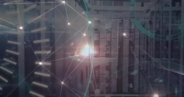 Анимирование Сети Соединений Светлыми Пятнами Над Серверами Технология Вычислительные Цифровые — стоковое видео