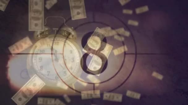 Animação Contagem Regressiva Sobre Relógio Notas Dólar Americano Conceito Global — Vídeo de Stock