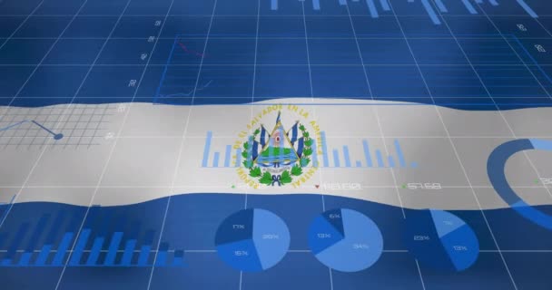 在萨尔瓦多国旗上绘制海图和进行数据处理 国民经济 数字接口 商业和通信 数字视频 — 图库视频影像