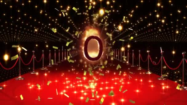 Animacja Spalania Zera Nad Konfetti Czerwonym Dywanem Impreza Nowy Rok — Wideo stockowe