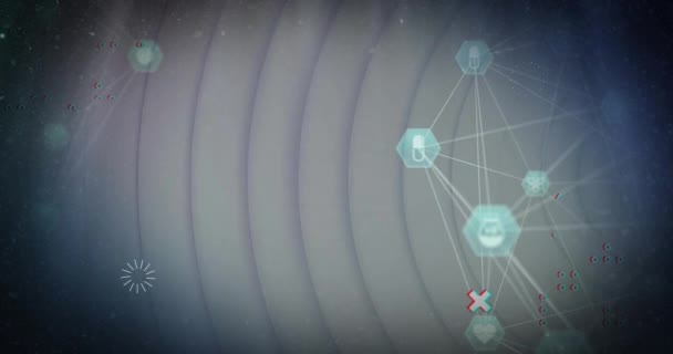 グレーサークルの背景にある接続とアイコンのネットワークのアニメーション グローバルサイエンス ビジネス コネクション コンピューティング データ処理のコンセプトデジタル生成ビデオ — ストック動画