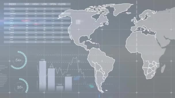 Animace Mapy Světa Nad Zpracováním Finančních Údajů Šedém Pozadí Globální — Stock video