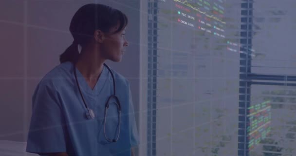 Animering Data Bearbetning Över Biracial Kvinnlig Läkare Global Medicin Anslutningar — Stockvideo