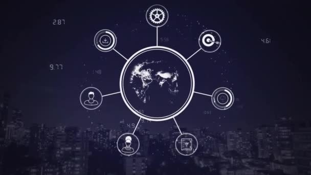 Animering Databehandling Och Jordklotet Med Affärsikoner Över Stadsbilden Globalt Affärs — Stockvideo