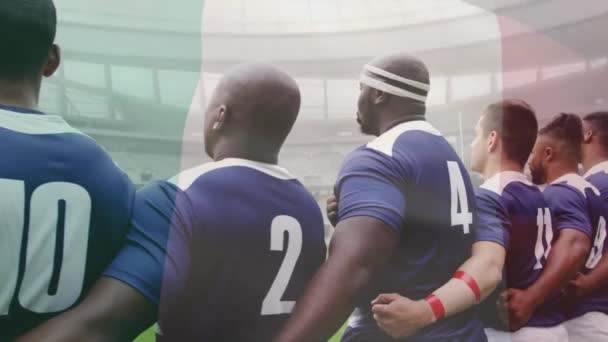 Animace Vlajky Francie Nad Různými Mužskými Rugby Hráči Zpívají Hymnu — Stock video