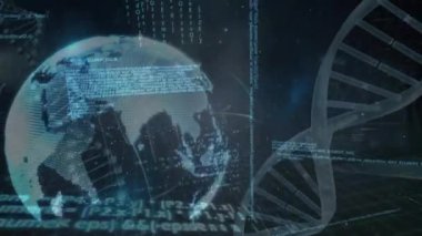 Veri işleme ve siyah arkaplanda DNA ipliği olan dünyanın animasyonu. Küresel teknoloji, bilgisayar ve dijital arayüz kavramı dijital olarak oluşturulmuş video.