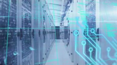 Bilgisayar sunucularında devre kartı ve veri işleme animasyonu. Dijital olarak oluşturulmuş küresel çevrimiçi güvenlik, bağlantılar, hesaplama ve veri işleme kavramı.