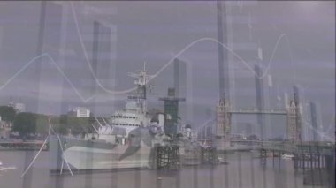 Veri işleme ve port üzerindeki diyagramların animasyonu. Şehir, teknoloji ve dijital arayüz kavramı, dijital olarak oluşturulmuş video.