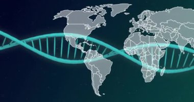 Dünya haritasının üzerindeki DNA iplikçiklerinin animasyonu. Küresel bilim, araştırma, bağlantılar, hesaplama ve veri işleme kavramı dijital olarak oluşturulmuş video.