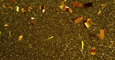 Parlak arka plandan düşen altın konfetilerinin animasyonu. Yeni yıl, yeni yıl arifesi, şenlik, kutlama ve geleneksel konsept dijital olarak oluşturulmuş video.