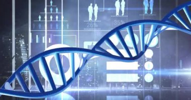 Mavi arka plandaki veri işleme üzerinde dönen DNA iplikçiklerinin animasyonu. Küresel bilim, araştırma ve veri işleme kavramı dijital olarak oluşturulmuş video.