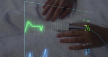 Parmak üzerinde oksimetre olan beyaz kadın hastaların kalp atışı monitörünün animasyonu. Tıp, sağlık, hastane, teknoloji, veri ve dijital arayüz, dijital olarak oluşturulmuş video.