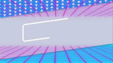 Pembe ve mavi üzerine pembe şebeke animasyonu. Mavi ve merkezi gri alanda beyaz üçgenler. Bağlantı, ağ, veri ve dijital arayüz arkaplanı, dijital olarak oluşturulmuş video.