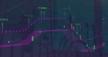 Dünya haritası üzerinde istatistik ve finansal veri işleme animasyonları. Küresel finans, iş, bağlantılar, hesaplama ve veri işleme kavramı dijital olarak oluşturulmuş video.