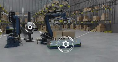 Deponun üzerindeki simgelerle bağlantı ağının animasyonu. Mağaza, teknoloji ve dijital arayüz kavramı, dijital olarak oluşturulmuş video.