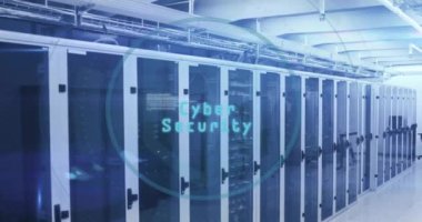 Bilgisayar sunucularında siber güvenlik veri işleme animasyonu. Dijital olarak oluşturulmuş küresel çevrimiçi güvenlik, bağlantılar, hesaplama ve veri işleme kavramı.