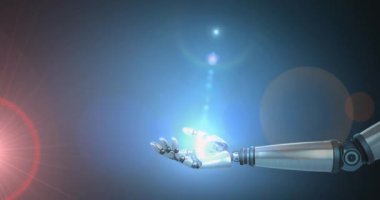 Robotun kolunda koyu arkaplanda parlayan ışığın canlandırması. Dijital olarak oluşturulmuş küresel yapay zeka, bağlantılar, hesaplama ve veri işleme kavramı.