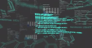 Diyagramlar üzerinde veri işleme ve kimyasal formüllerin animasyonu. Küresel iş, teknoloji ve dijital arayüz kavramı, dijital olarak oluşturulmuş video.