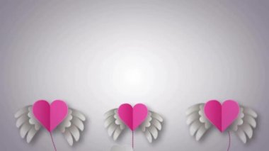 Mutlu sevgililer günü animasyonu. Gri arka planda kanatları uçuşan daire ve kalp şeklinde yazılar. Dijital olarak üretilmiş, hologram, illüstrasyon, aşk, birliktelik, dilek ve selamlama kavramı.