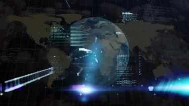 Veri işleme ve dünya haritasının animasyonu. Küresel iş ve dijital arayüz kavramı, dijital olarak oluşturulmuş video.