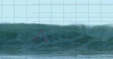 Deniz dalgaları üzerinde veri işleme ve diyagramlarının animasyonu. Küresel iş, doğa ve dijital arayüz kavramı, dijital olarak oluşturulmuş video.