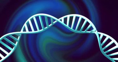 Karanlık arka planda parlayan ışık izleriyle dönen DNA ipliklerinin animasyonu. Küresel bilim, araştırma ve veri işleme kavramı dijital olarak oluşturulmuş video.