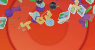 Turuncu ve kırmızı eşmerkezli halkaların üzerine düşen üç boyutlu medya simgelerinin animasyonu. Retro, teknoloji, bağlantı, ağ, ortam ve dijital arayüz, dijital olarak oluşturulmuş video.