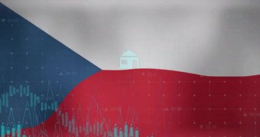 Czechia bayrağı üzerinde grafik, veri ve enerji simgelerinin canlandırılması. Ulusal ekonomi, seyahat, veri, finans, dijital arayüz, iş ve iletişim, dijital olarak oluşturulmuş video.