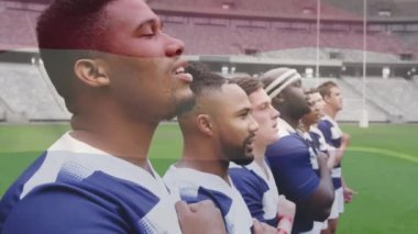 Stadyumdaki marşta çeşitli erkek rugby oyuncuları üzerinde Hollanda bayrağı animasyonu. Küresel spor ve vatanseverlik kavramı, dijital olarak üretilen video.