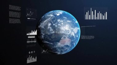 Finansal veri işleme animasyonu siyah arka planda dünya çapında. Küresel finans, iş, bağlantılar, hesaplama ve veri işleme kavramı dijital olarak oluşturulmuş video.