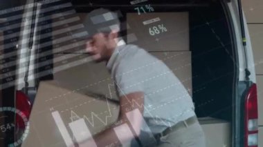 Kafkasyalı teslimatçıdan minibüse finansal veri işleme animasyonu. Küresel finans, iş, bağlantılar, hesaplama ve veri işleme kavramı dijital olarak oluşturulmuş video.