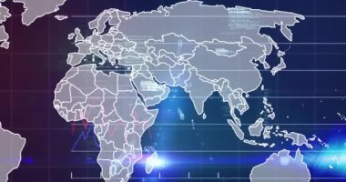 Karanlık arka planda dünya haritasında finansal veri işleme animasyonu. Küresel finans, iş, bağlantılar, hesaplama ve veri işleme kavramı dijital olarak oluşturulmuş video.