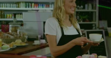 Kafkas kadın barikatının üzerinde kahve eşliğinde veri işleme animasyonu. Küresel bağlantılar, bulut hesaplama ve veri işleme kavramı dijital olarak oluşturulmuş video.