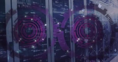 Animation of scope scanning and data processing over server room. Global technology, computing and digital interface concept digitally generated video.