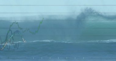 Deniz dalgaları üzerinde veri işleme ve diyagramlarının animasyonu. Küresel iş, doğa ve dijital arayüz kavramı, dijital olarak oluşturulmuş video.