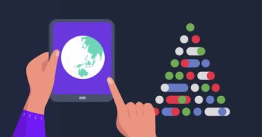 Siyah arkaplanlı noel ağacı ve tabletin animasyonu. Noel, şenlik, kutlama ve gelenek konsepti dijital olarak oluşturuldu.