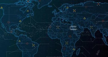 Veri işleme ve dünya haritasının üzerindeki DNA iplikçiklerinin animasyonu. Küresel bilim, araştırma, bağlantılar, hesaplama ve veri işleme kavramı dijital olarak oluşturulmuş video.