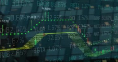Modern bina üzerinde veri işleme, diyagramlar ve borsa animasyonları. Küresel iş, teknoloji ve dijital arayüz kavramı, dijital olarak oluşturulmuş video.