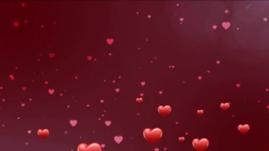 Kırmızı kalp ikonlarının üzerinde hareket eden ışık noktasının canlandırması kırmızı arkaplana doğru düşüyor ve yüzüyor. Sevgililer Günü ve Aşk Konsepti
