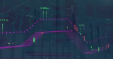 Şehir manzarası üzerindeki istatistik ve finansal veri işleme animasyonları. Küresel finans, iş, bağlantılar, hesaplama ve veri işleme kavramı dijital olarak oluşturulmuş video.