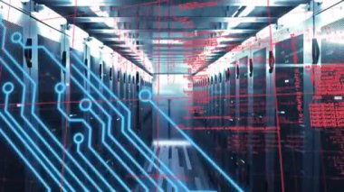 Bilgisayar sunucularında devre kartı ve veri işleme animasyonu. Dijital olarak oluşturulmuş küresel çevrimiçi güvenlik, bağlantılar, hesaplama ve veri işleme kavramı.