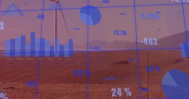 Rüzgar türbini üzerinde finansal veri işleme animasyonu. Küresel rüzgar enerjisi, finans, iş, bağlantılar, hesaplama ve veri işleme kavramı dijital olarak oluşturulmuş video.