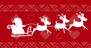 Noel kızağında Noel Baba 'nın beyaz siluetinin canlandırılması. Kırmızı desenli arka planda ren geyiği var. Noel, gelenek ve kutlama, dijital olarak üretilen video.