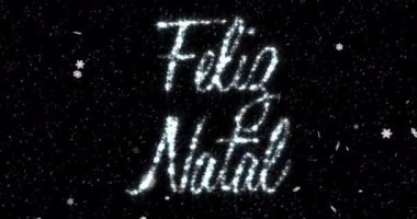 Feliz natal metnin siyah arkaplana düşen kar üzerine animasyonu. Noel, şenlik, kutlama ve gelenek konsepti dijital olarak oluşturuldu.