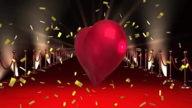 Kırmızı balon konfeti ve kırmızı halının üstünde. Parti, yeni yıl ve dijital olarak üretilen video konsepti.