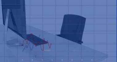 Ofis üzerinde bilgisayar eşliğinde finansal veri işleme animasyonu. Küresel finans, iş, bağlantılar, hesaplama ve veri işleme kavramı dijital olarak oluşturulmuş video.