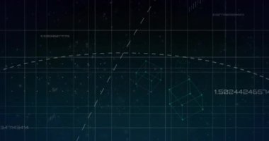 Karanlık arka planda veri işleme sisteminin animasyonu. Küresel finans, iş, bağlantılar, hesaplama ve veri işleme kavramı dijital olarak oluşturulmuş video.