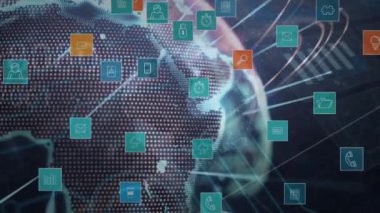 Dünya üzerinde ikon ve veri işleme ağının animasyonu. Küresel iş, bağlantılar, bulut hesaplama ve veri işleme kavramı dijital olarak oluşturulmuş video.
